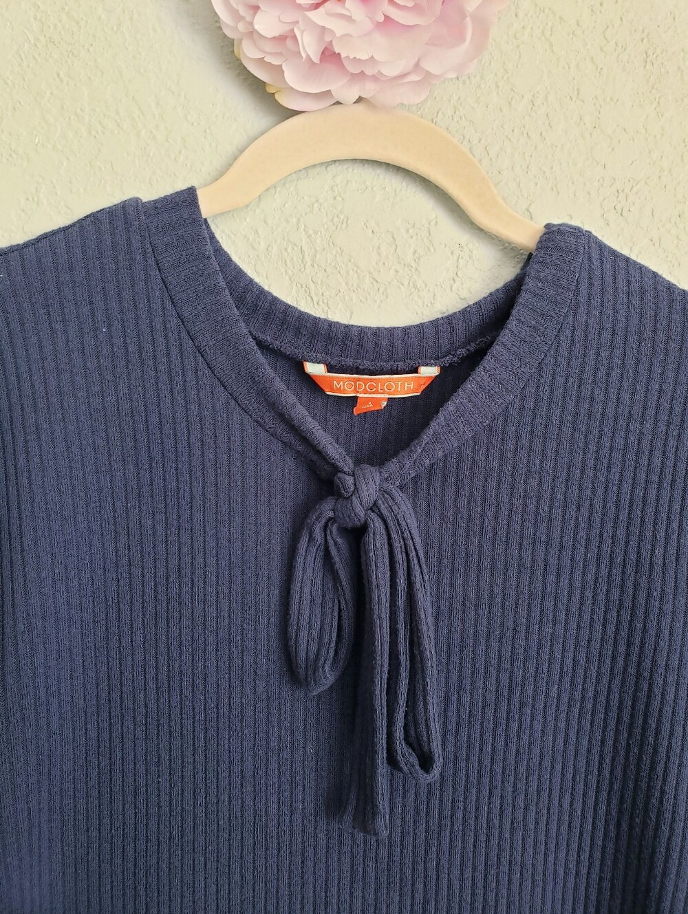 Modcloth Navy Blue Ribbed 3/4 Sleeve Ribbon Top - Picture 3 of 6